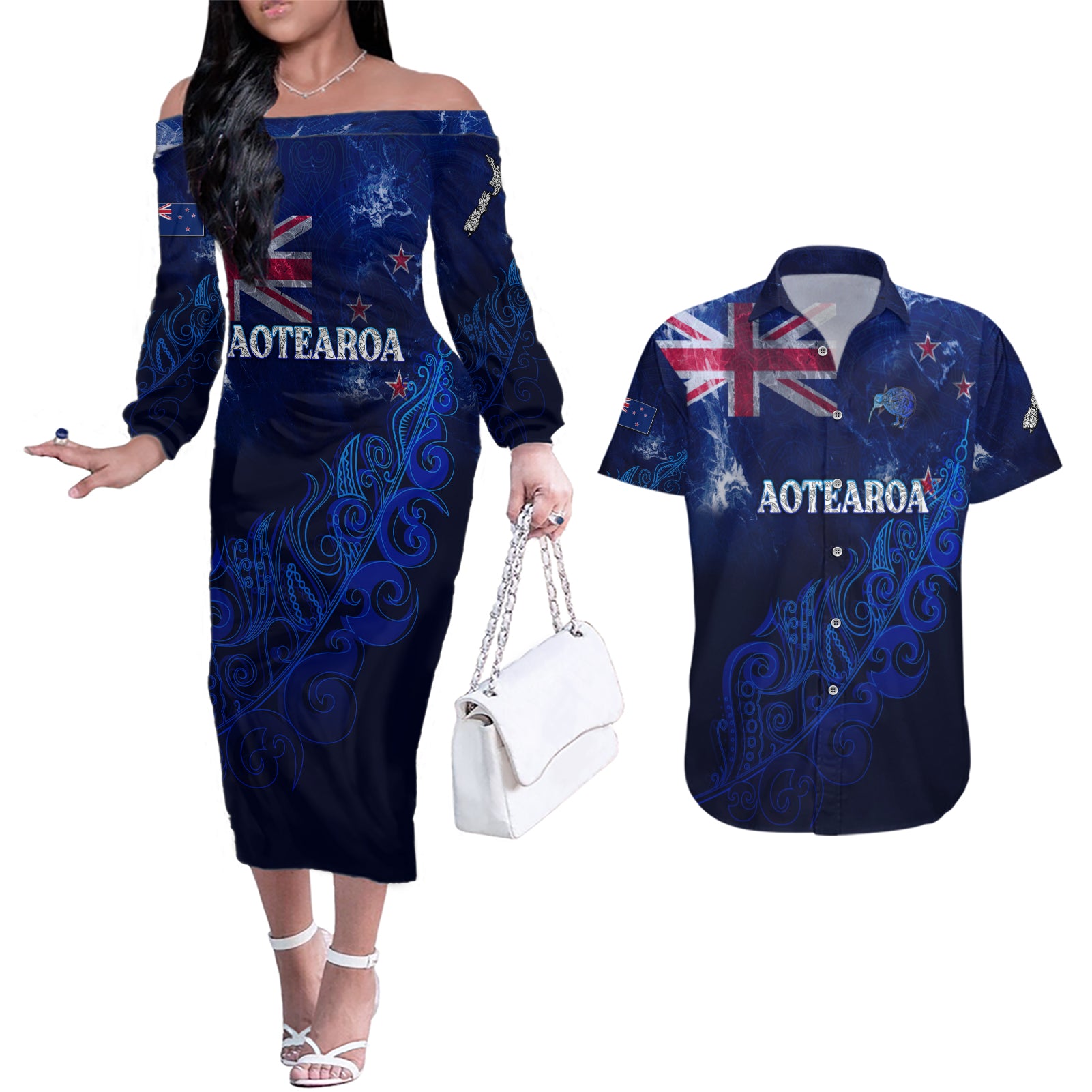 Personalised New Zealand Couples Matching Off The Shoulder Long Sleeve Dress and Hawaiian Shirt Aotearoa Map Silver Fern DT02 Blue - Polynesian Pride