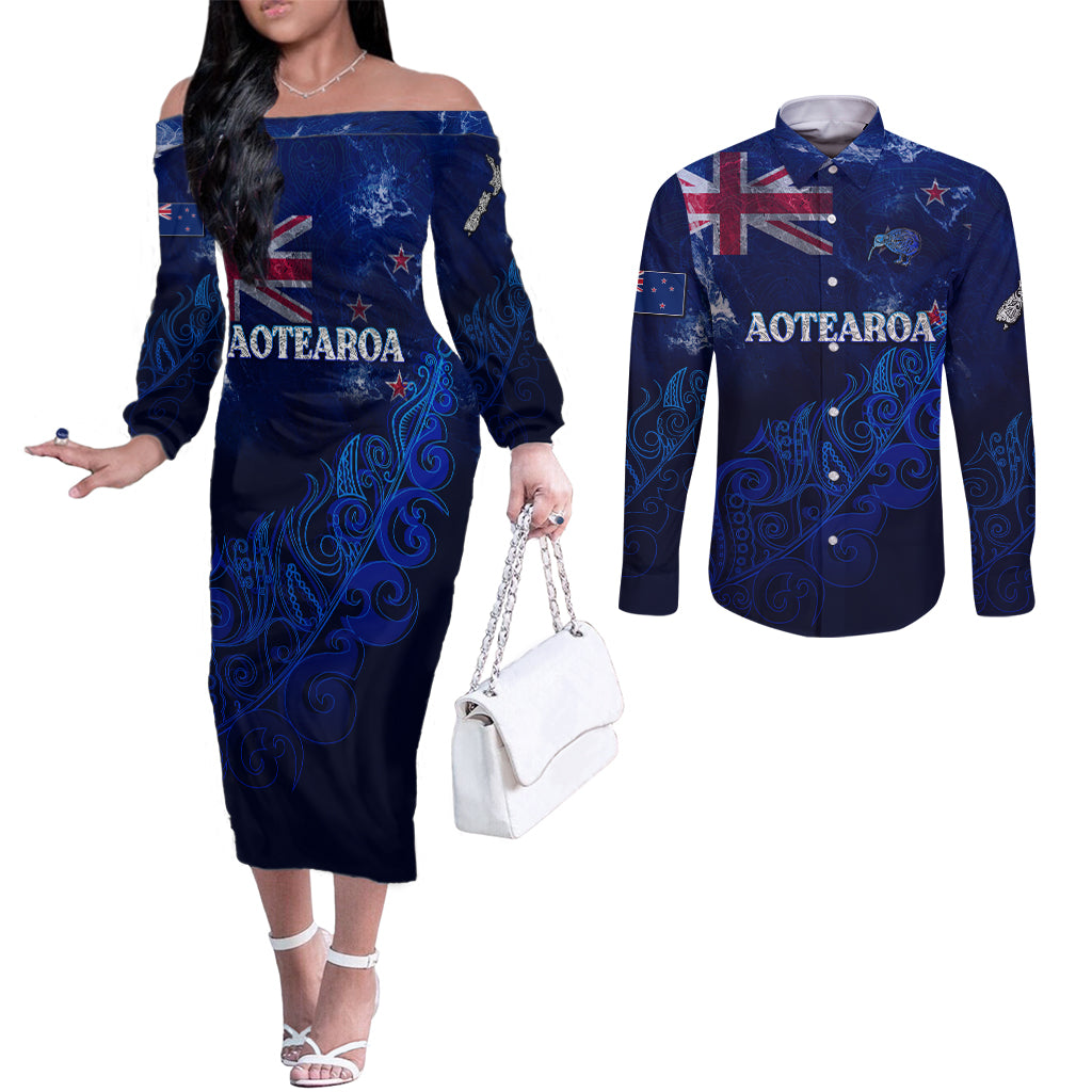 Personalised New Zealand Couples Matching Off The Shoulder Long Sleeve Dress and Long Sleeve Button Shirts Aotearoa Map Silver Fern DT02 Blue - Polynesian Pride