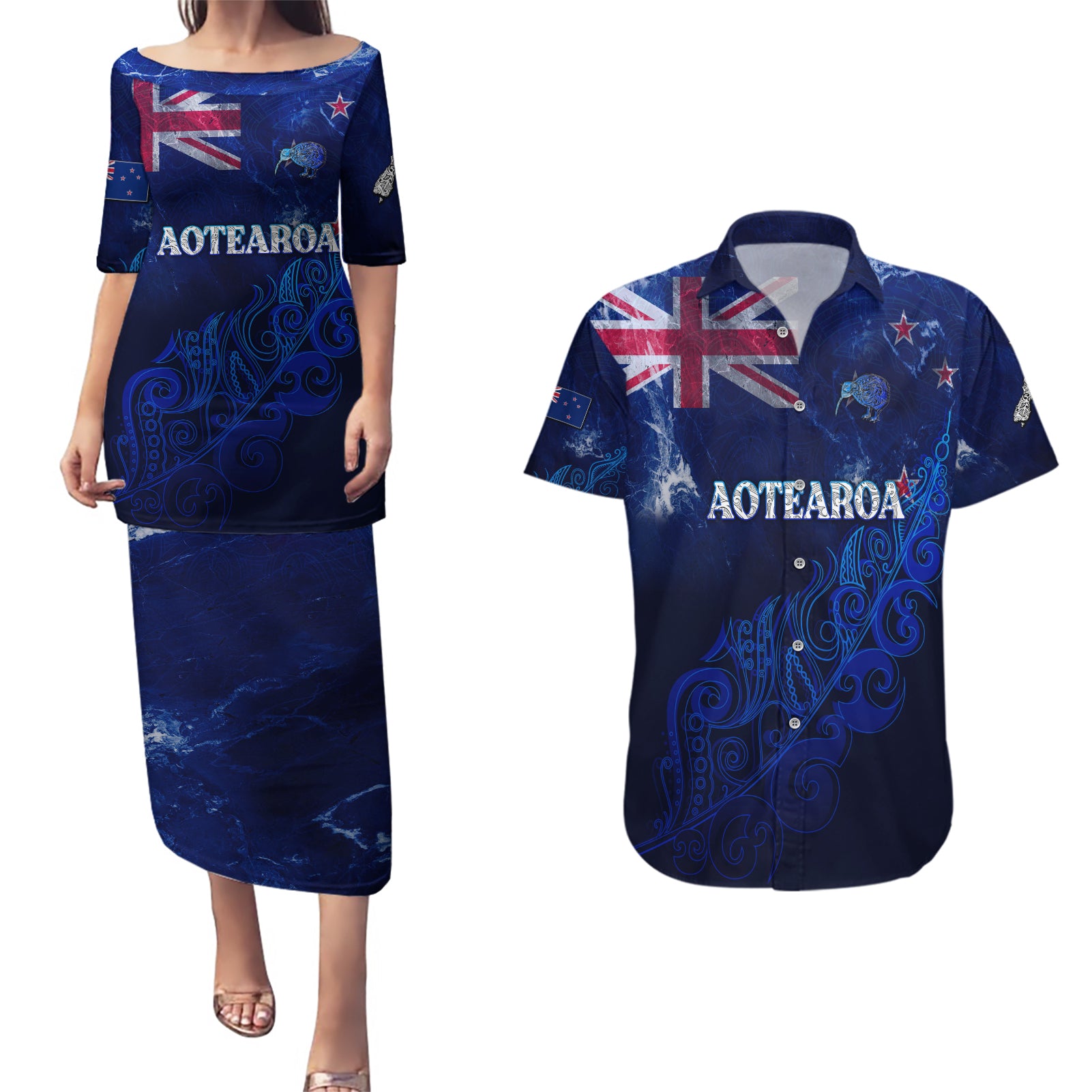 Personalised New Zealand Couples Matching Puletasi Dress and Hawaiian Shirt Aotearoa Map Silver Fern DT02 Blue - Polynesian Pride