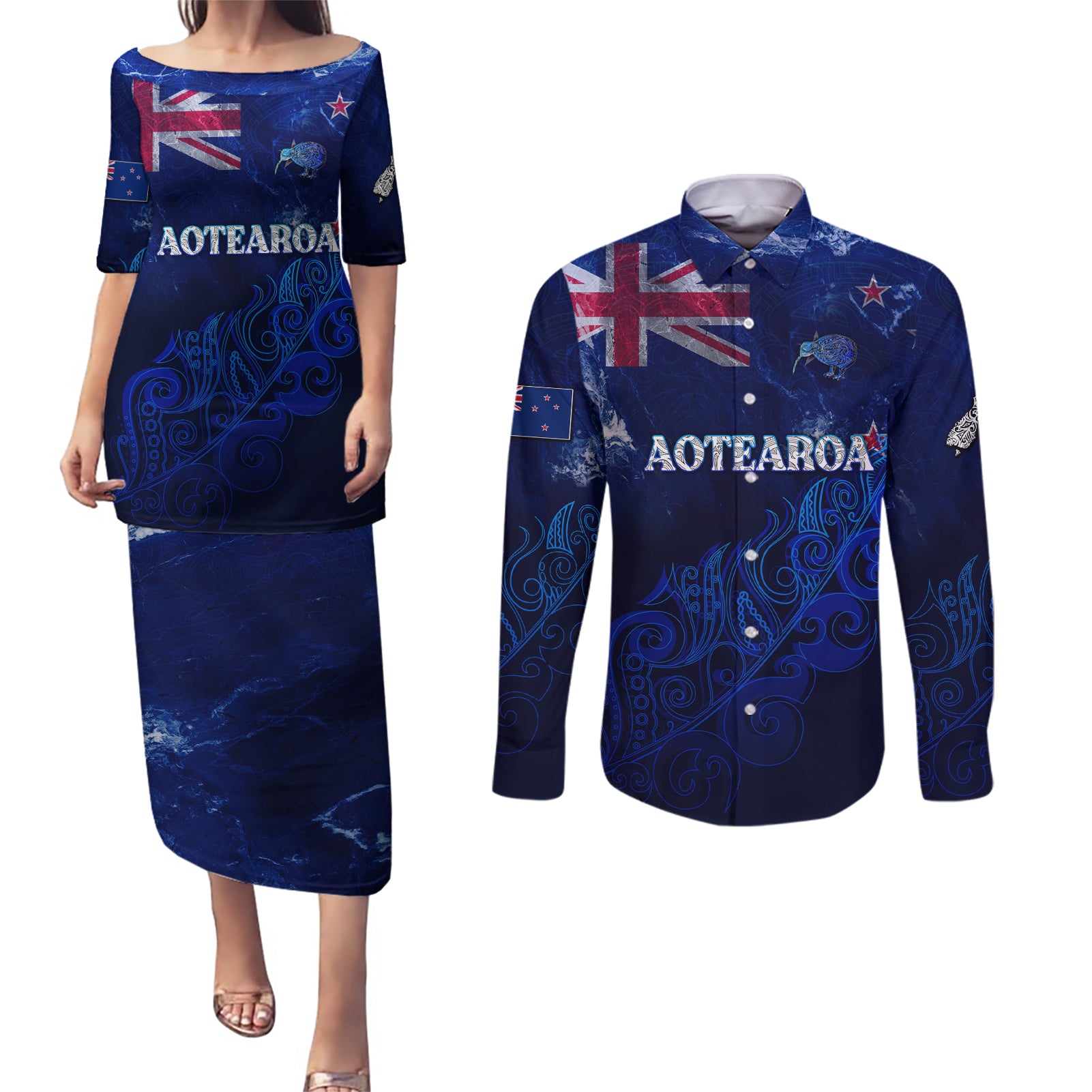 Personalised New Zealand Couples Matching Puletasi Dress and Long Sleeve Button Shirts Aotearoa Map Silver Fern DT02 Blue - Polynesian Pride