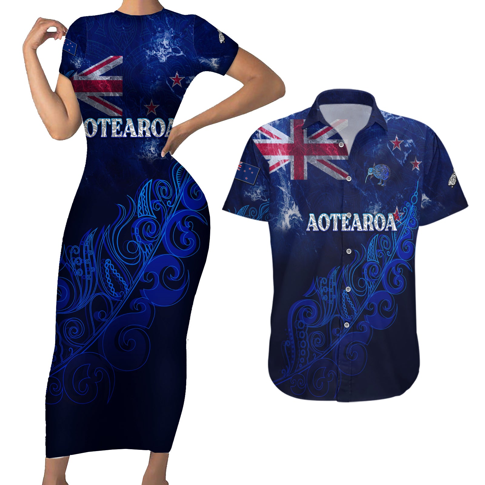 Personalised New Zealand Couples Matching Short Sleeve Bodycon Dress and Hawaiian Shirt Aotearoa Map Silver Fern DT02 Blue - Polynesian Pride