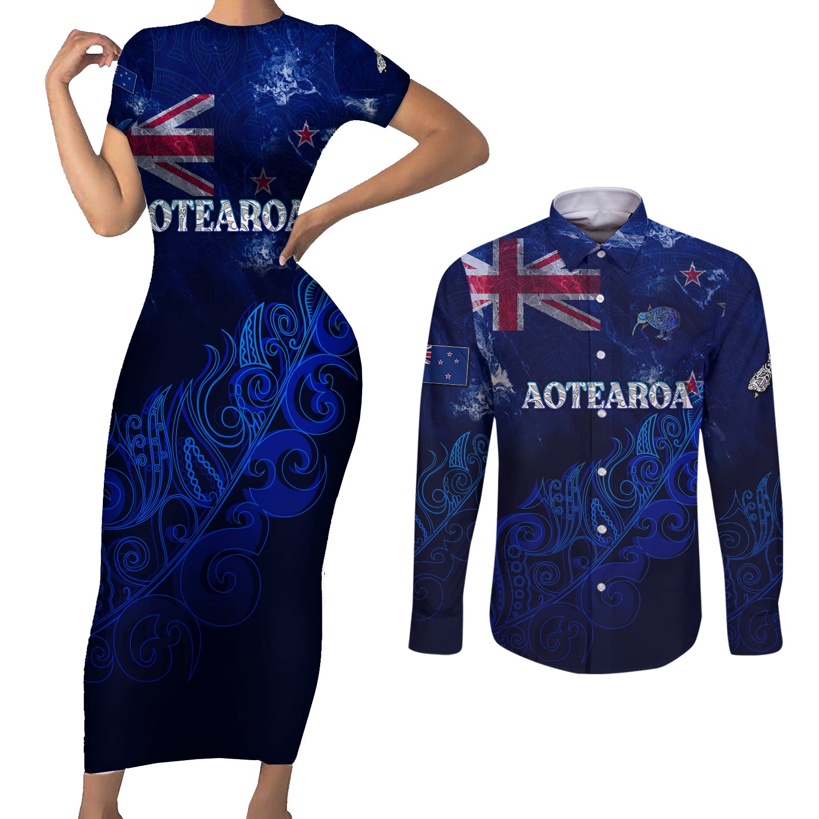 Personalised New Zealand Couples Matching Short Sleeve Bodycon Dress and Long Sleeve Button Shirts Aotearoa Map Silver Fern DT02 Blue - Polynesian Pride