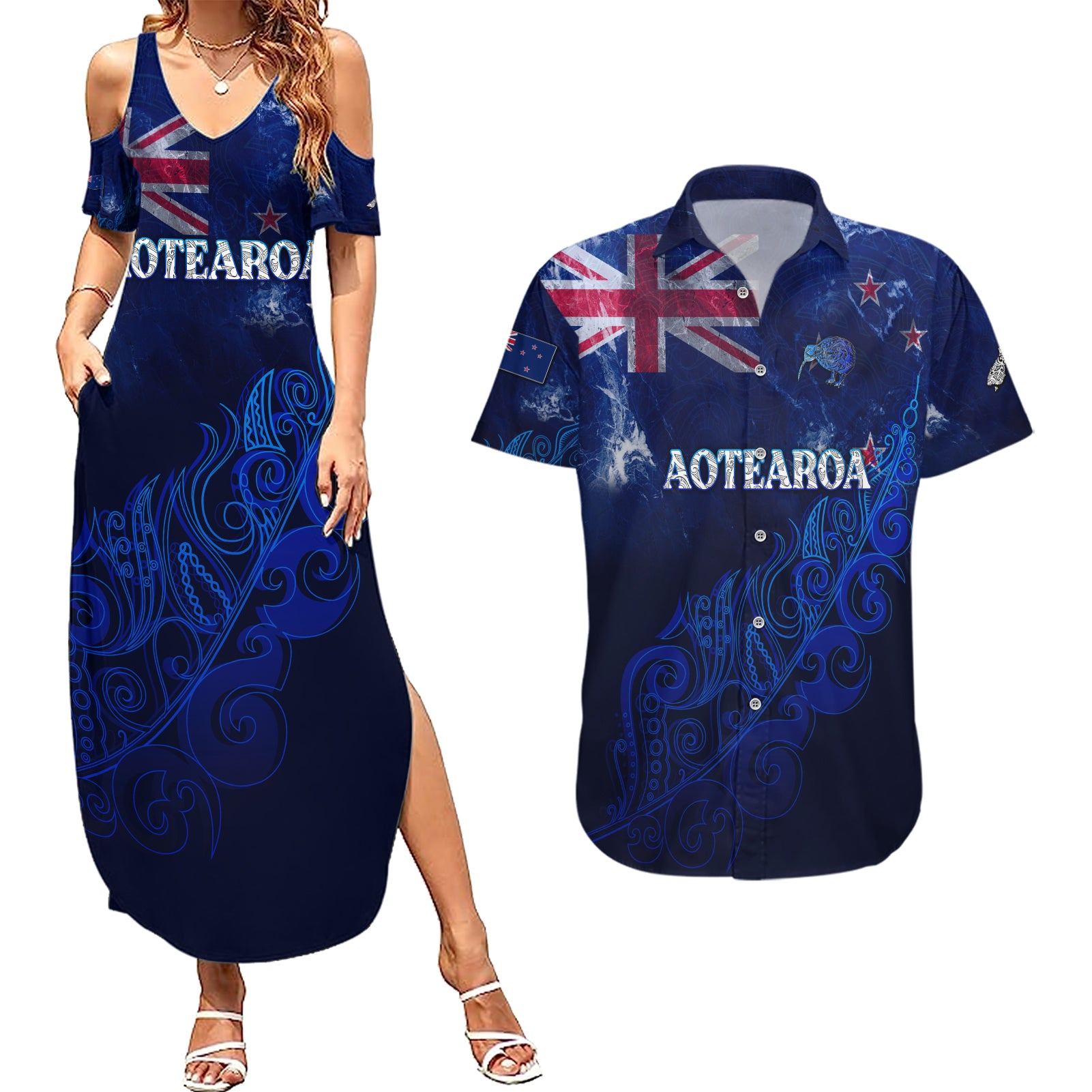 Personalised New Zealand Couples Matching Summer Maxi Dress and Hawaiian Shirt Aotearoa Map Silver Fern DT02 Blue - Polynesian Pride