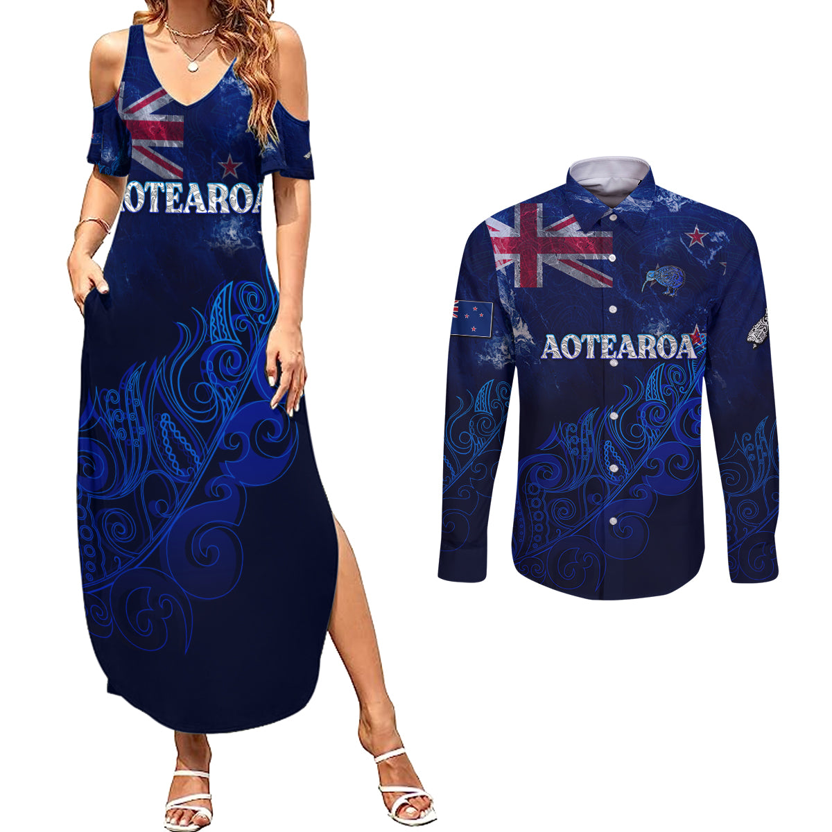 Personalised New Zealand Couples Matching Summer Maxi Dress and Long Sleeve Button Shirts Aotearoa Map Silver Fern DT02 Blue - Polynesian Pride