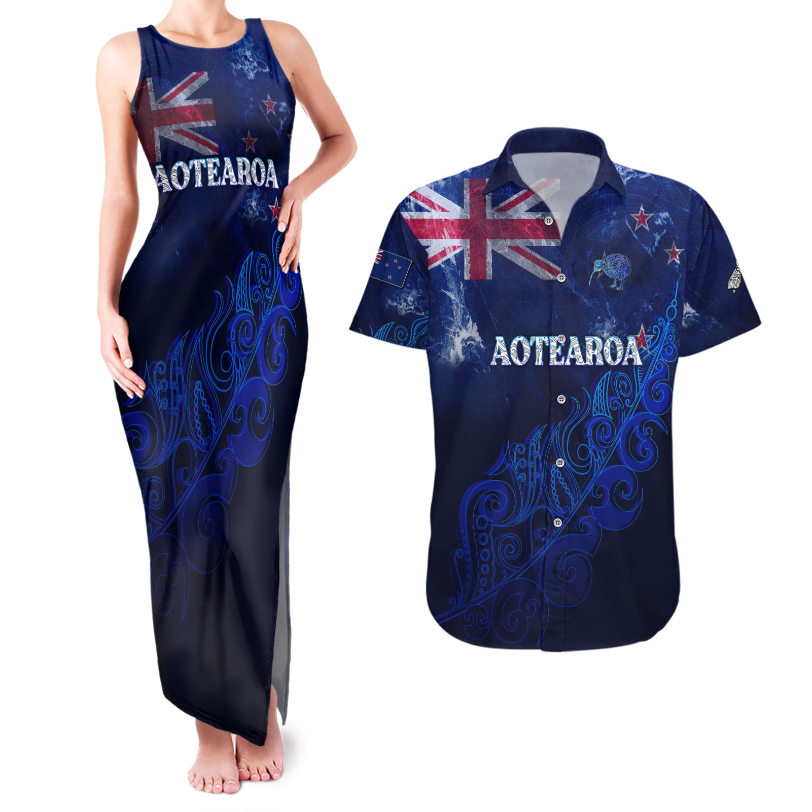 Personalised New Zealand Couples Matching Tank Maxi Dress and Hawaiian Shirt Aotearoa Map Silver Fern DT02 Blue - Polynesian Pride