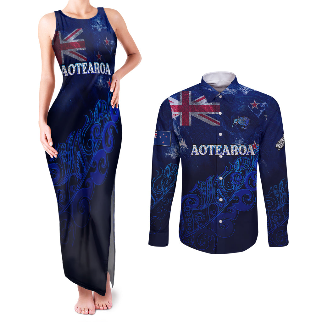 Personalised New Zealand Couples Matching Tank Maxi Dress and Long Sleeve Button Shirts Aotearoa Map Silver Fern DT02 Blue - Polynesian Pride