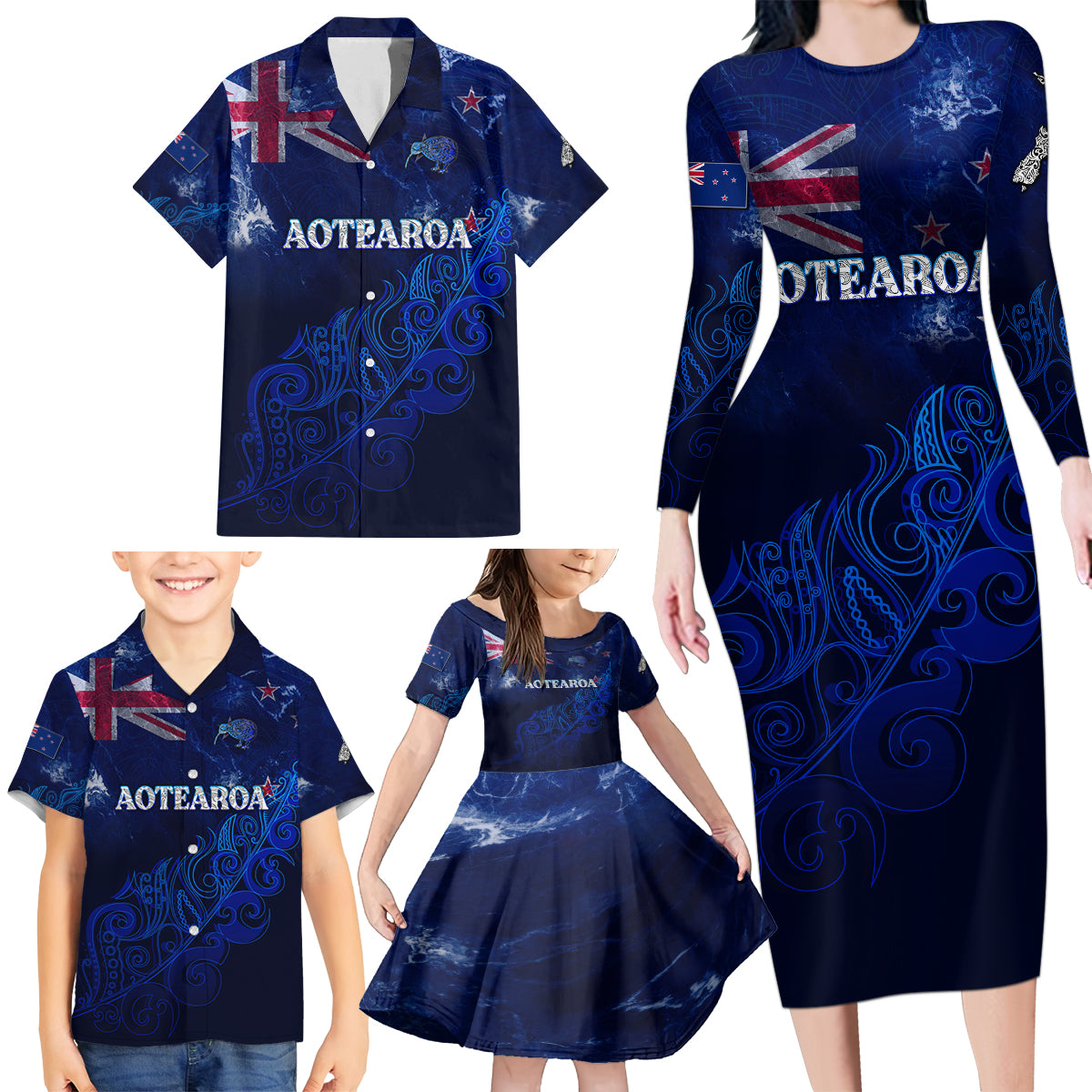 Personalised New Zealand Family Matching Long Sleeve Bodycon Dress and Hawaiian Shirt Aotearoa Map Silver Fern DT02 - Polynesian Pride