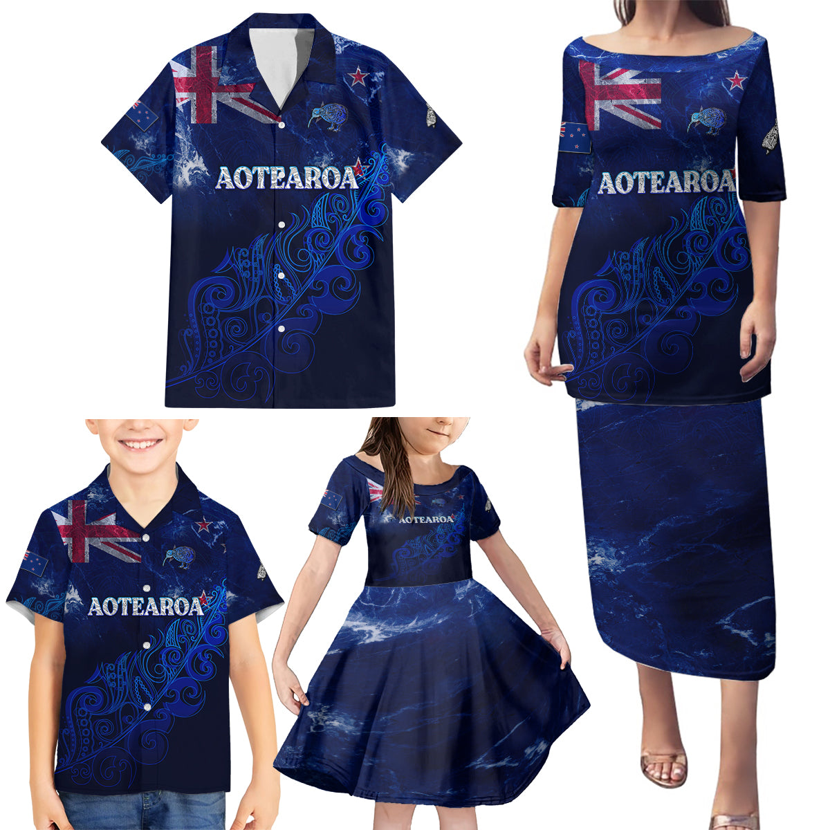 Personalised New Zealand Family Matching Puletasi Dress and Hawaiian Shirt Aotearoa Map Silver Fern DT02 - Polynesian Pride