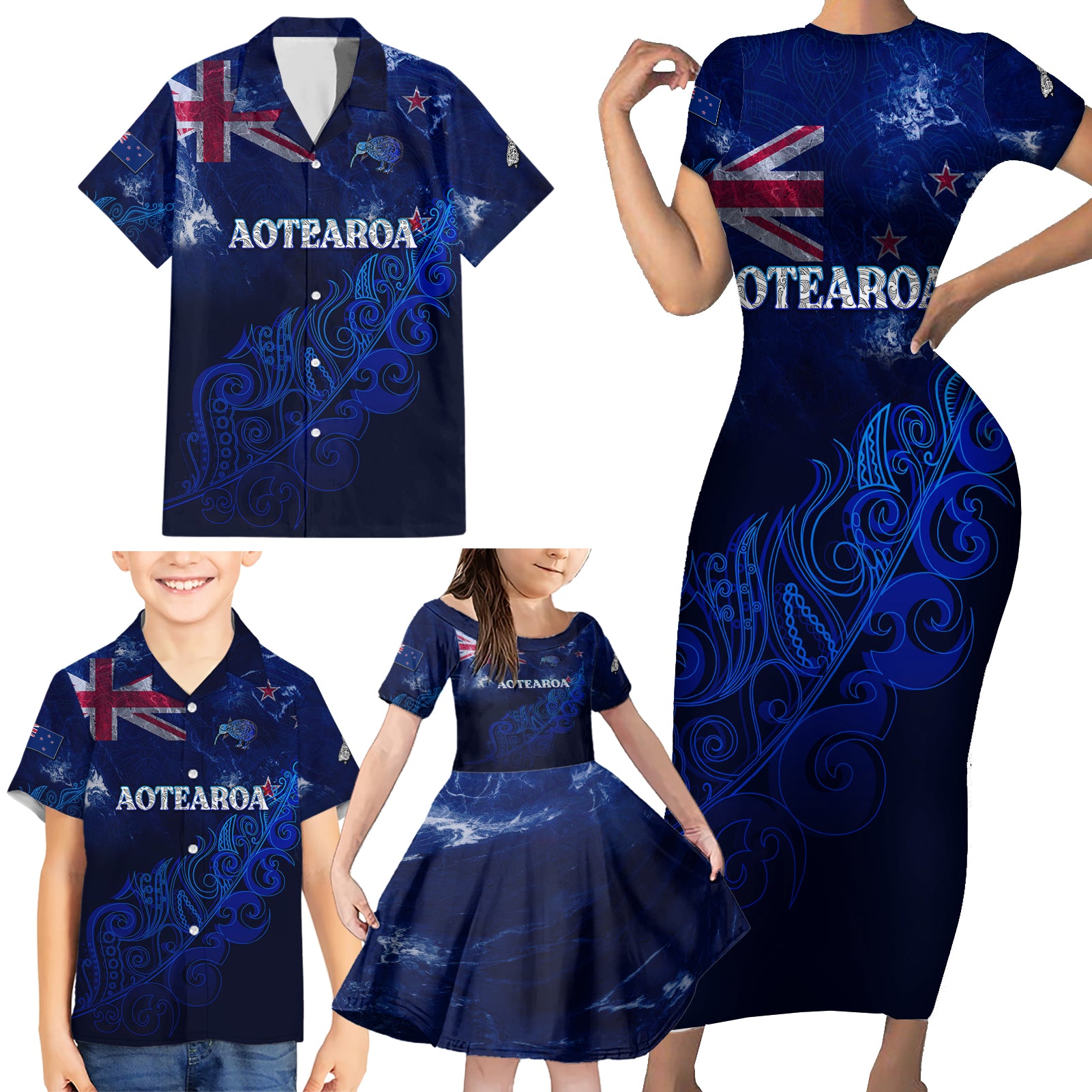 Personalised New Zealand Family Matching Short Sleeve Bodycon Dress and Hawaiian Shirt Aotearoa Map Silver Fern DT02 - Polynesian Pride