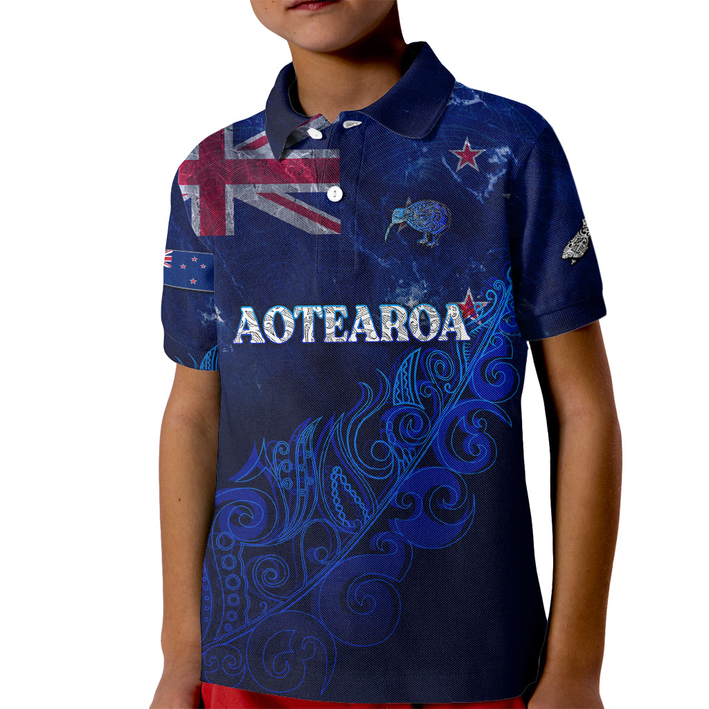 Personalised New Zealand Kid Polo Shirt Aotearoa Map Silver Fern DT02 Kid Blue - Polynesian Pride