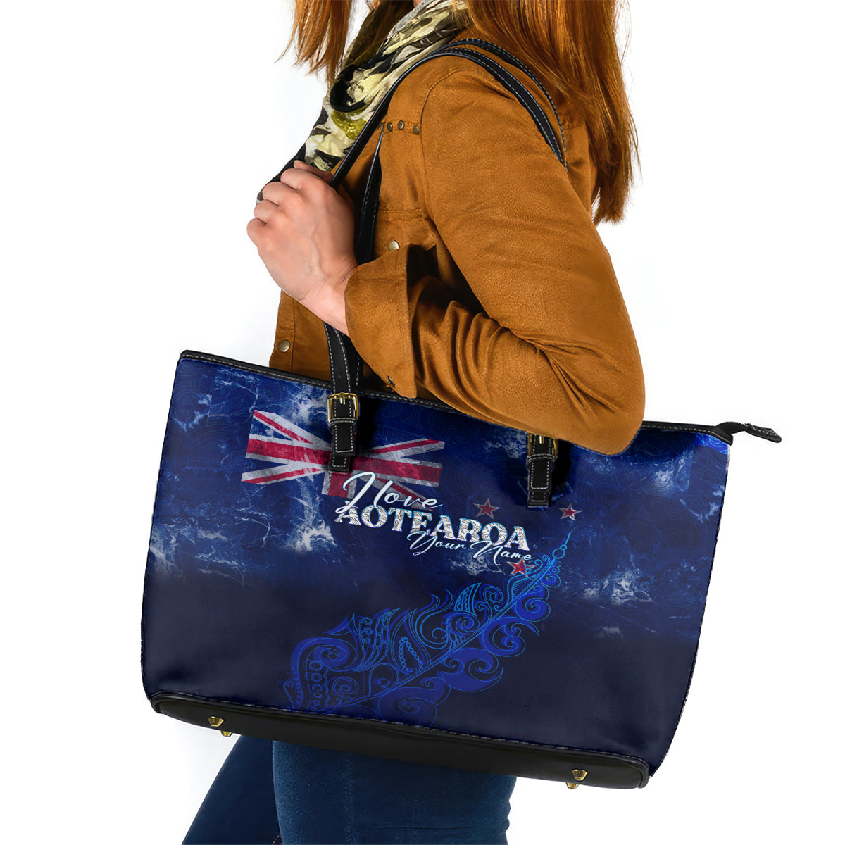 Personalised New Zealand Leather Tote Bag Aotearoa Map Silver Fern DT02 Blue - Polynesian Pride