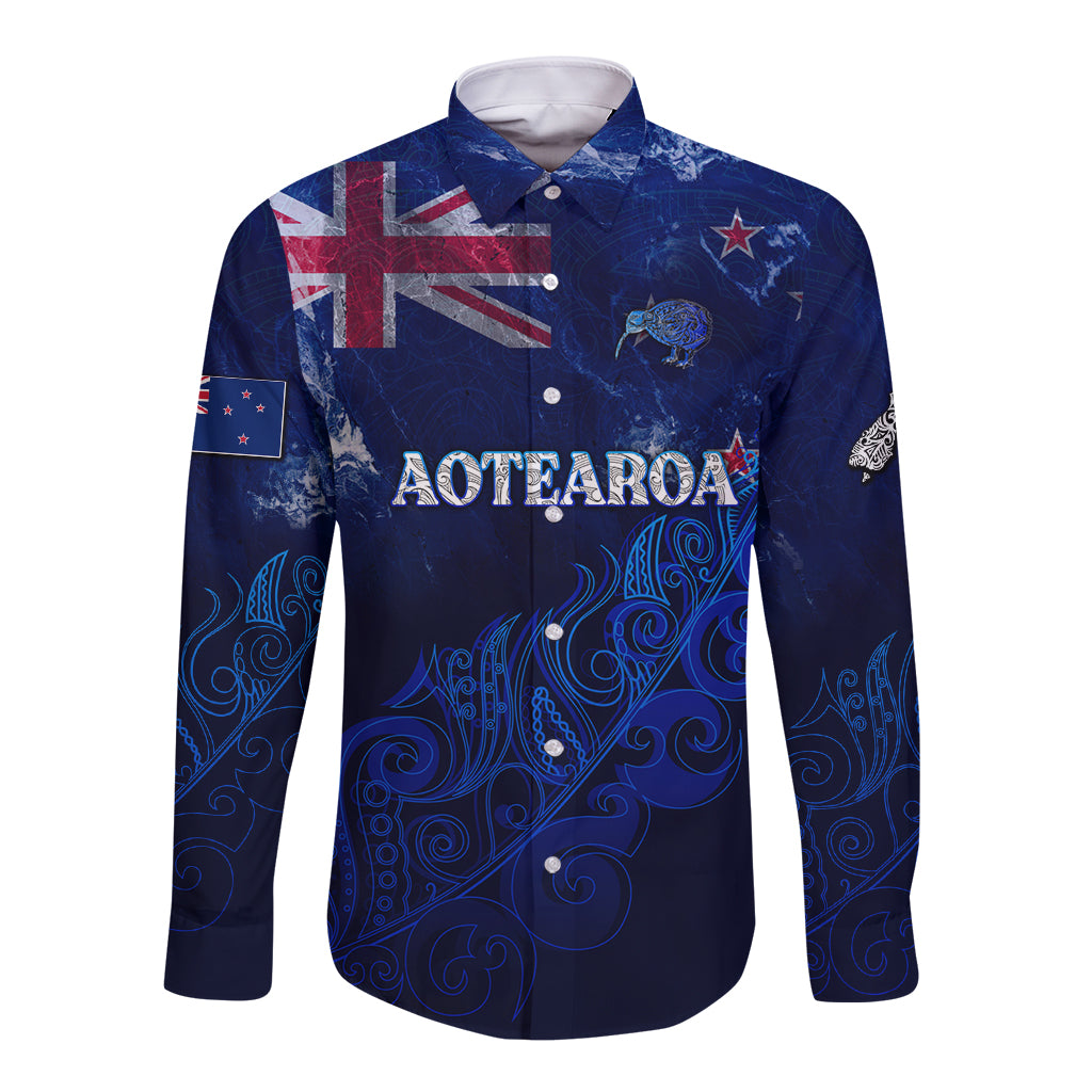 Personalised New Zealand Long Sleeve Button Shirt Aotearoa Map Silver Fern DT02 Unisex Blue - Polynesian Pride