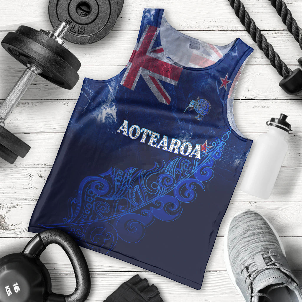 Personalised New Zealand Men Tank Top Aotearoa Map Silver Fern DT02 Blue - Polynesian Pride