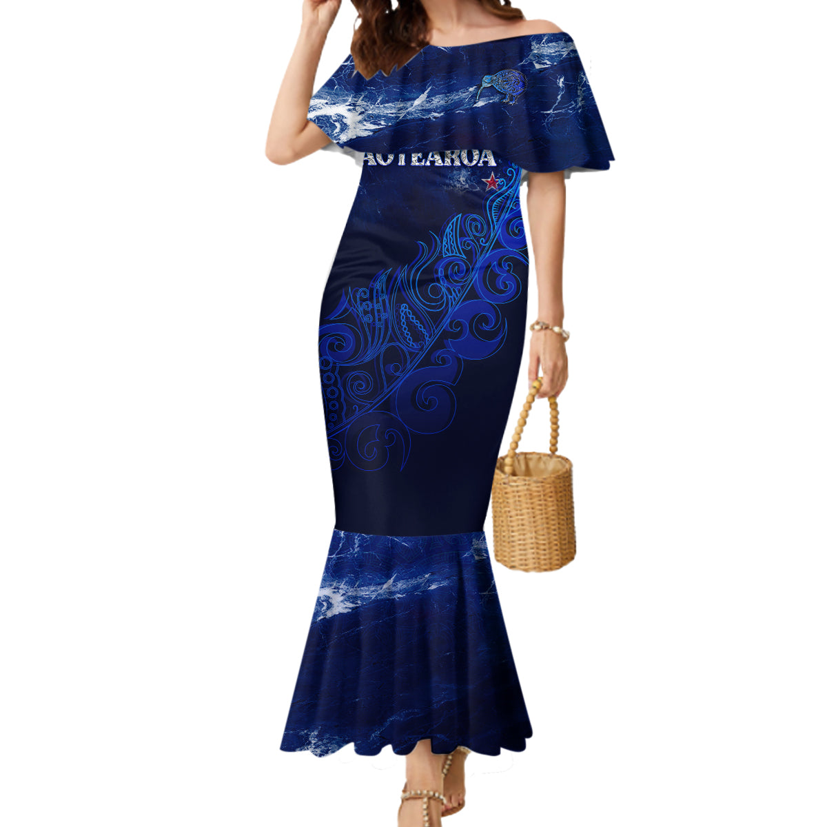 Personalised New Zealand Mermaid Dress Aotearoa Map Silver Fern DT02 Women Blue - Polynesian Pride