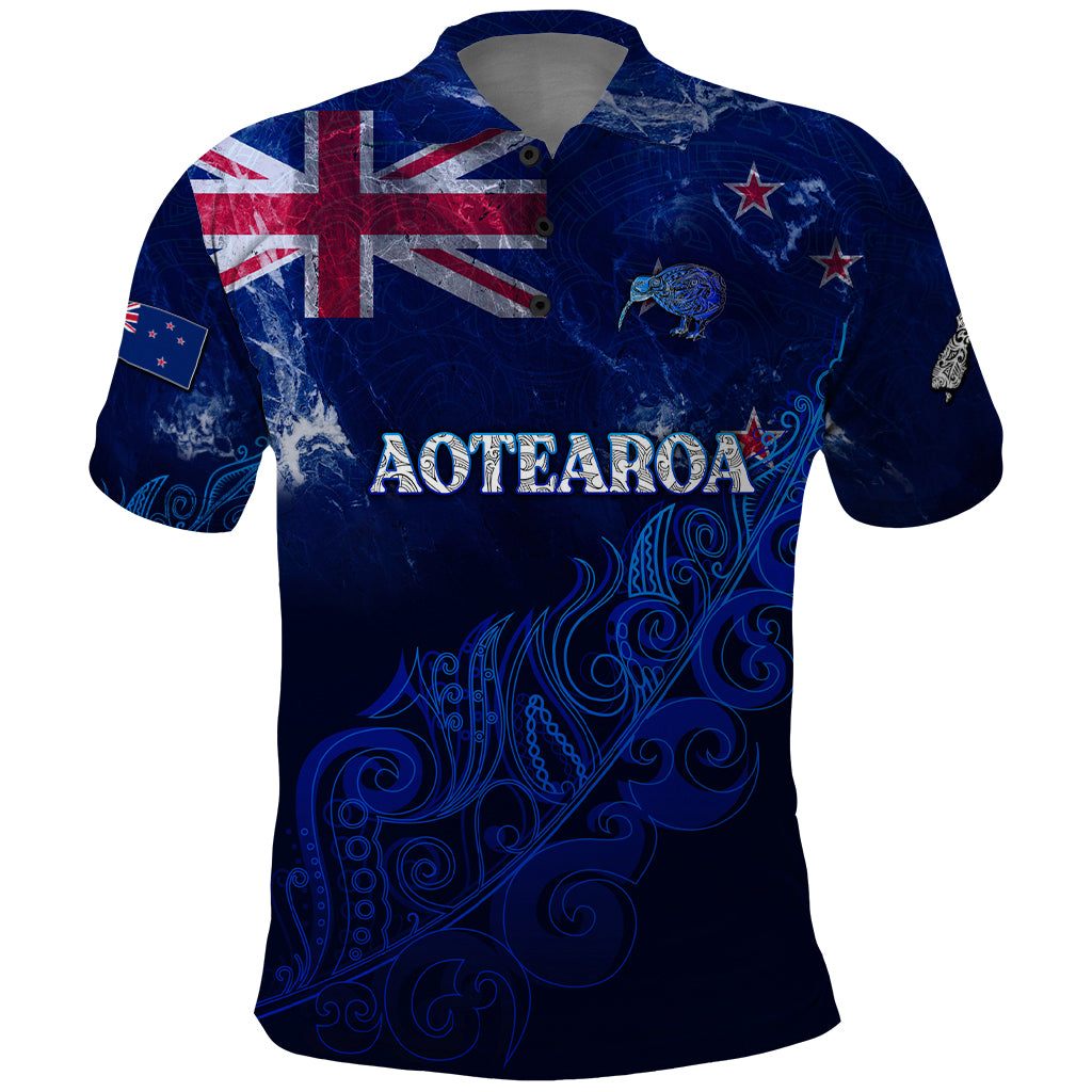 Personalised New Zealand Polo Shirt Aotearoa Map Silver Fern DT02 Blue - Polynesian Pride