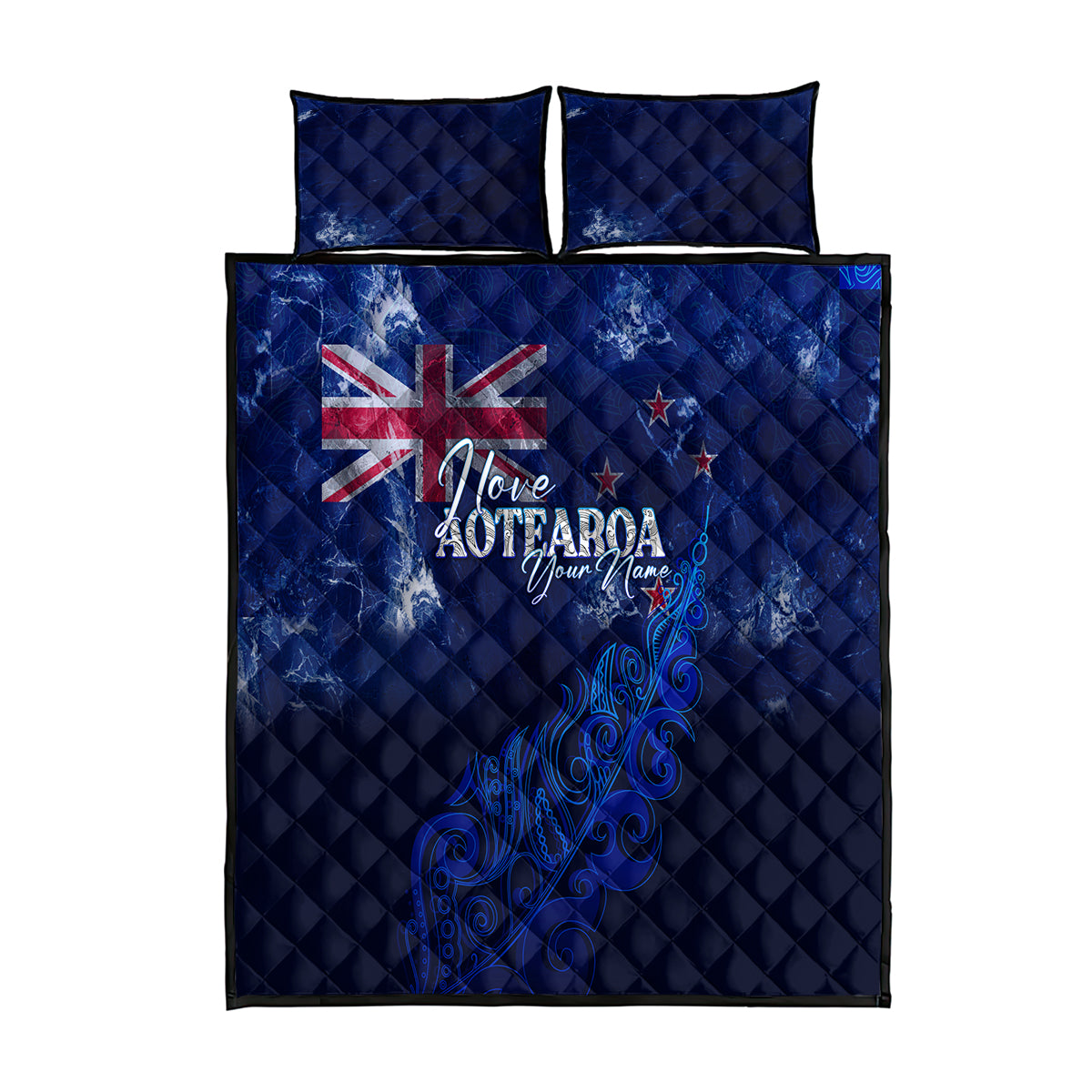 Personalised New Zealand Quilt Bed Set Aotearoa Map Silver Fern DT02 Blue - Polynesian Pride