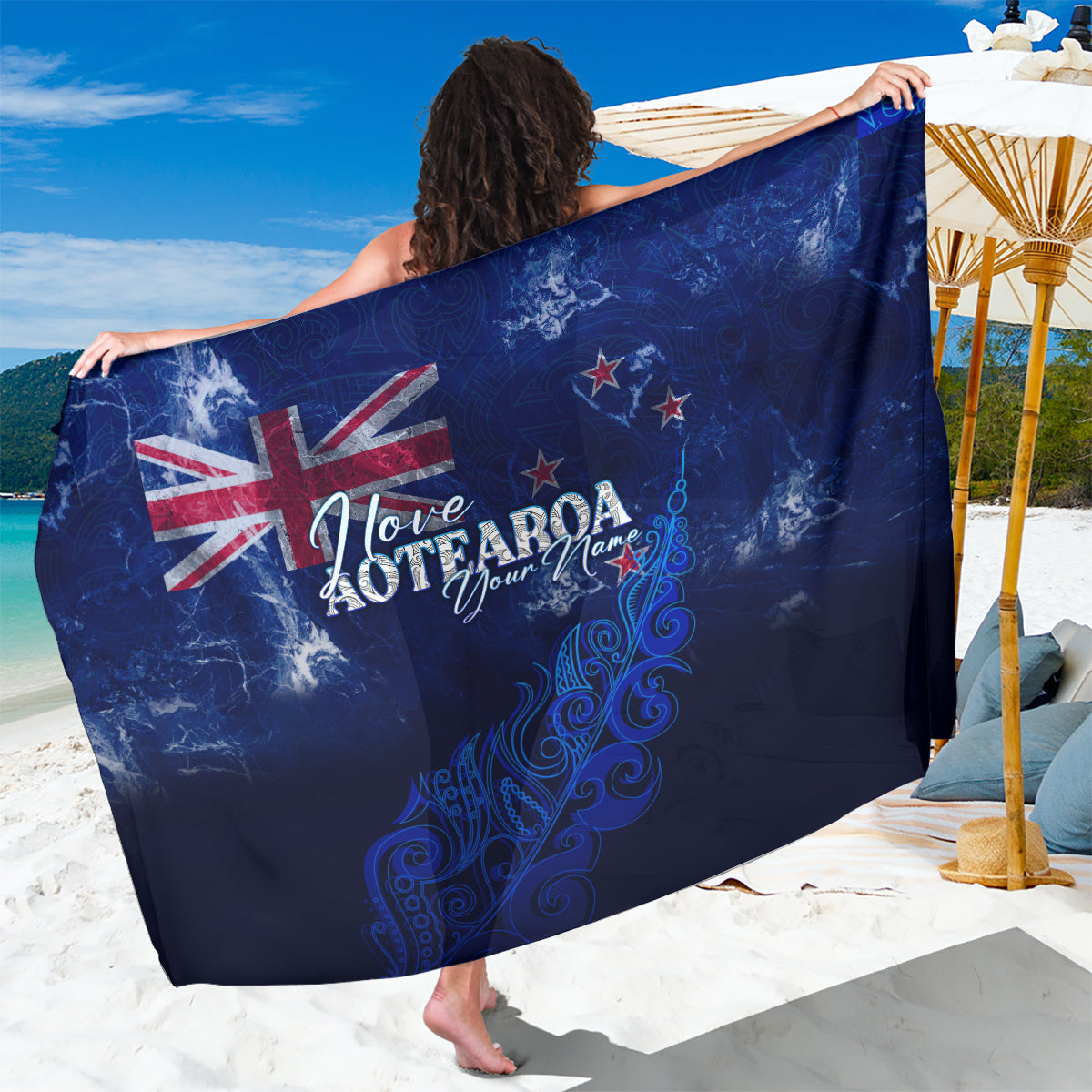 Personalised New Zealand Sarong Aotearoa Map Silver Fern DT02 One Size 44 x 66 inches Blue - Polynesian Pride