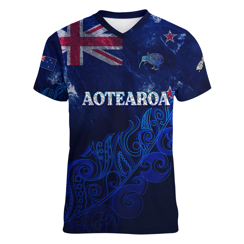 Personalised New Zealand Women V Neck T Shirt Aotearoa Map Silver Fern DT02 Female Blue - Polynesian Pride