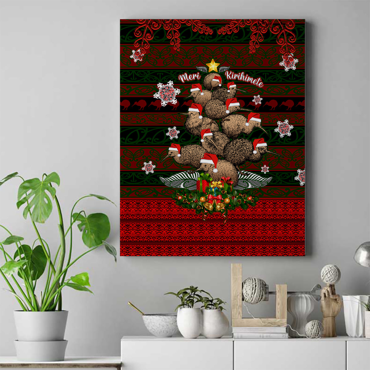 Meri Kirihimete New Zealand Canvas Wall Art Christmas Kiwi Maori DT02 Red - Polynesian Pride