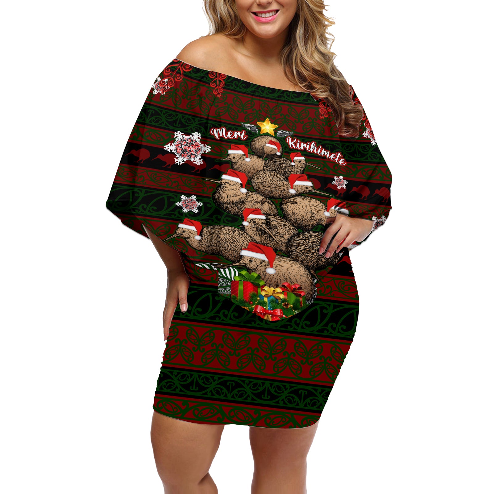 Meri Kirihimete New Zealand Off Shoulder Short Dress Christmas Kiwi Maori DT02 Women Red - Polynesian Pride