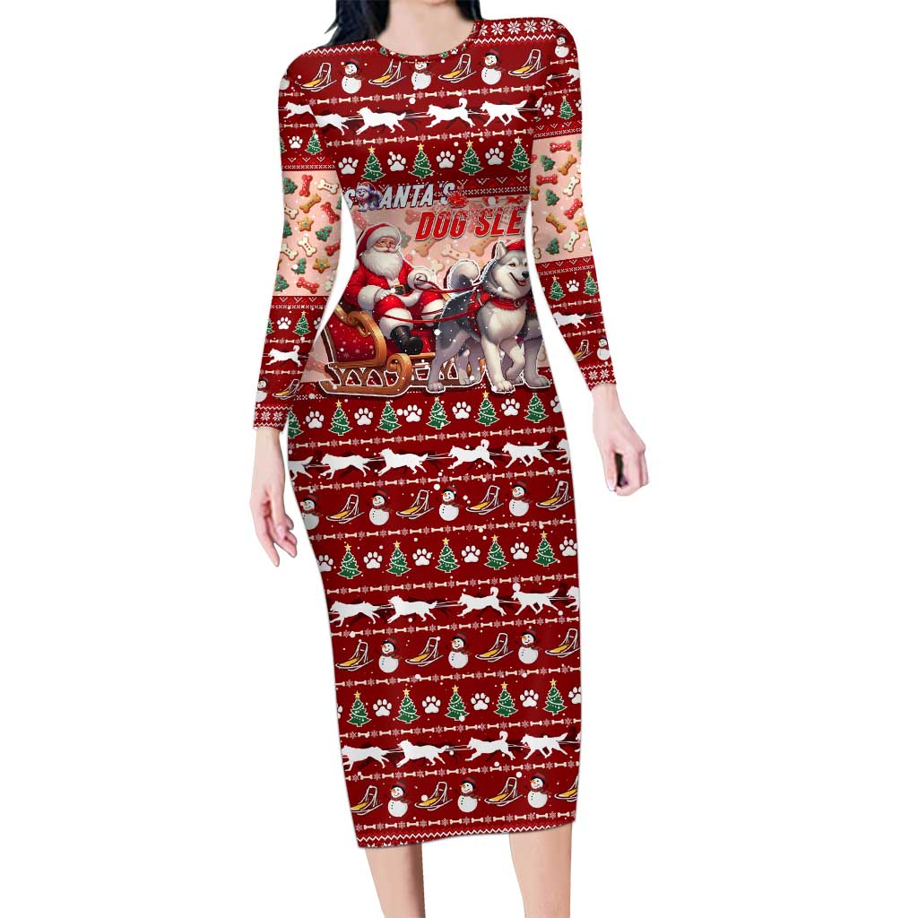 Dog Sled Christmas Long Sleeve Bodycon Dress Husky Sleigh Ride Design DT02 Long Dress Red - Polynesian Pride