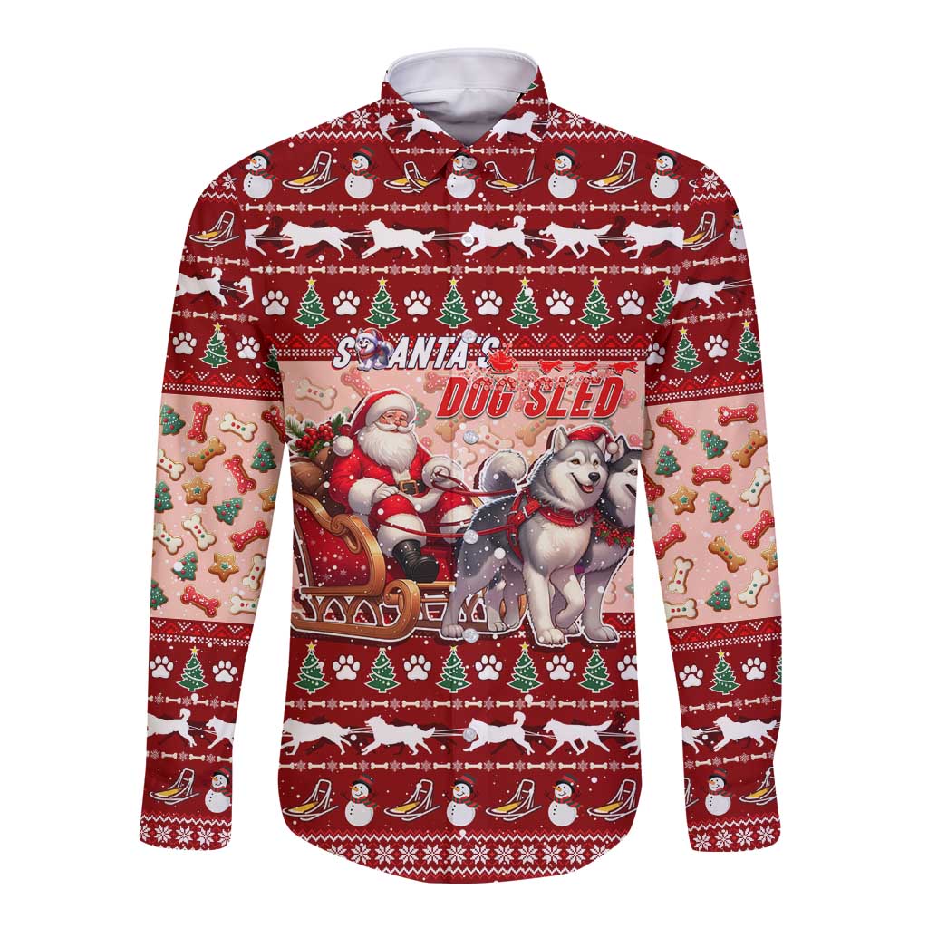 Dog Sled Christmas Long Sleeve Button Shirt Husky Sleigh Ride Design DT02 Unisex Red - Polynesian Pride
