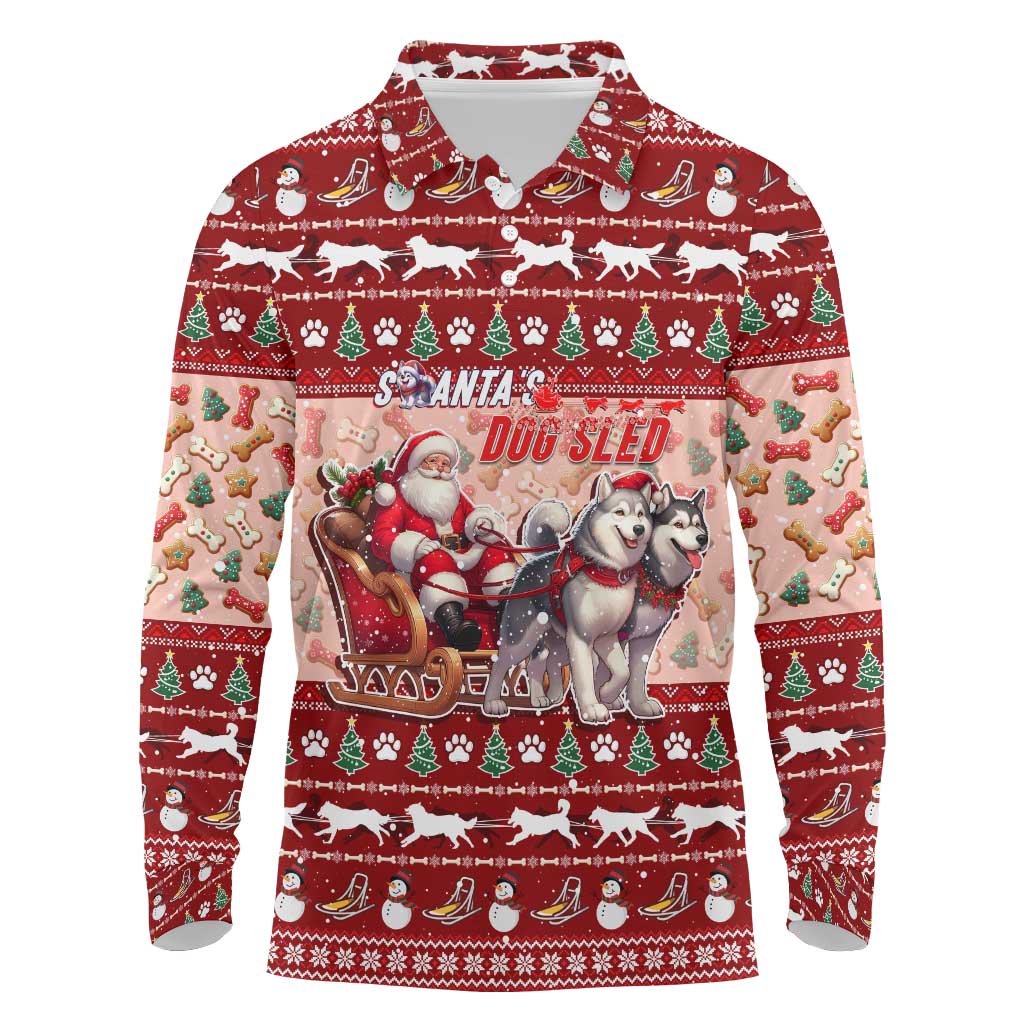 Dog Sled Christmas Long Sleeve Polo Shirt Husky Sleigh Ride Design DT02 Red - Polynesian Pride