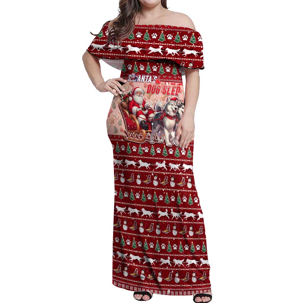 Dog Sled Christmas Off Shoulder Maxi Dress Husky Sleigh Ride Design DT02 Women Red - Polynesian Pride