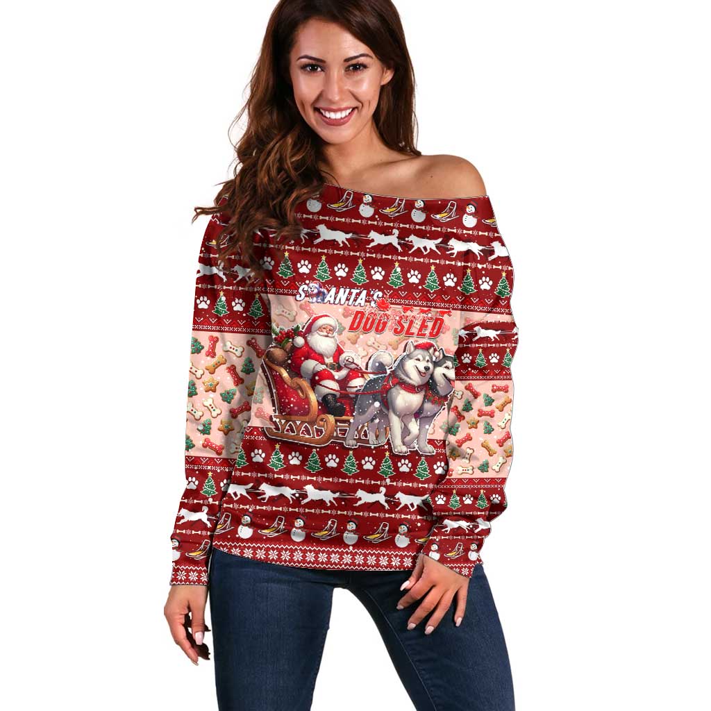 Dog Sled Christmas Off Shoulder Sweater Husky Sleigh Ride Design DT02 Women Red - Polynesian Pride