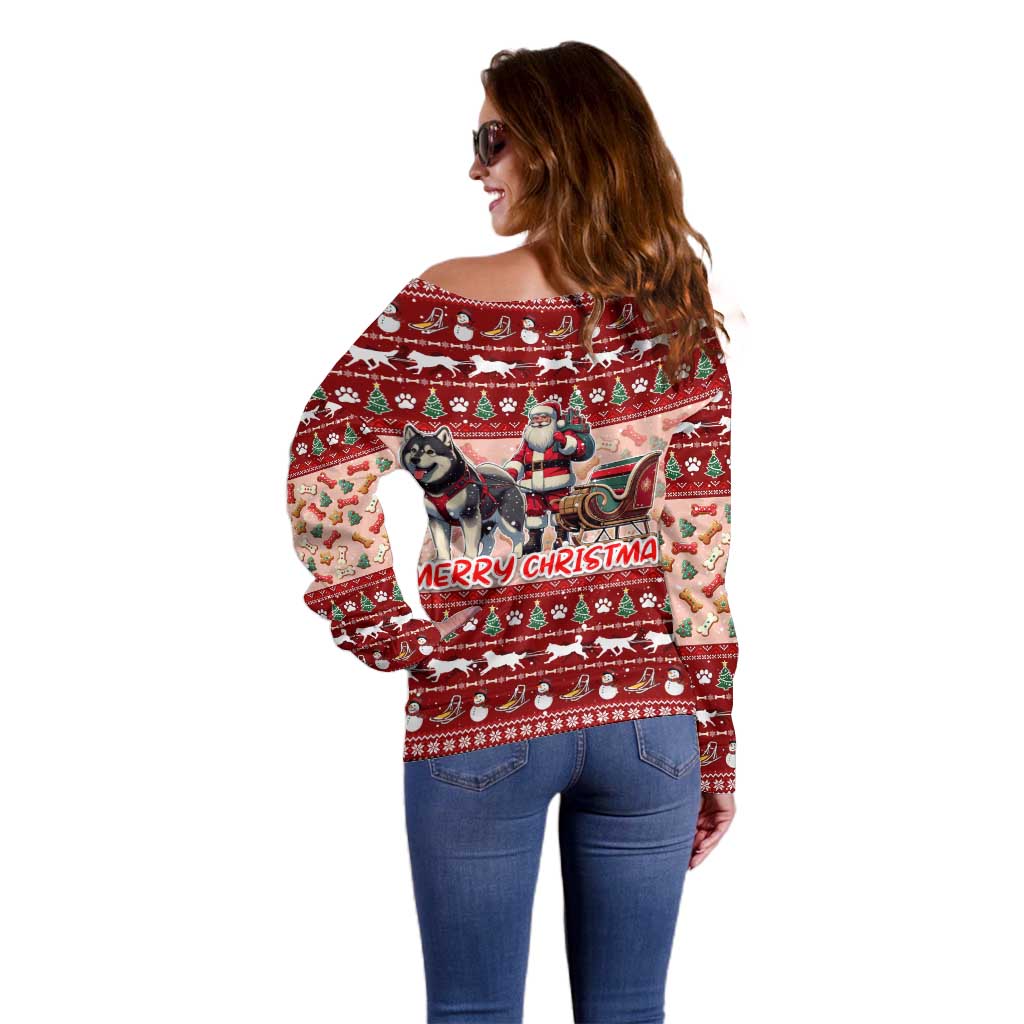 Dog Sled Christmas Off Shoulder Sweater Husky Sleigh Ride Design DT02 - Polynesian Pride