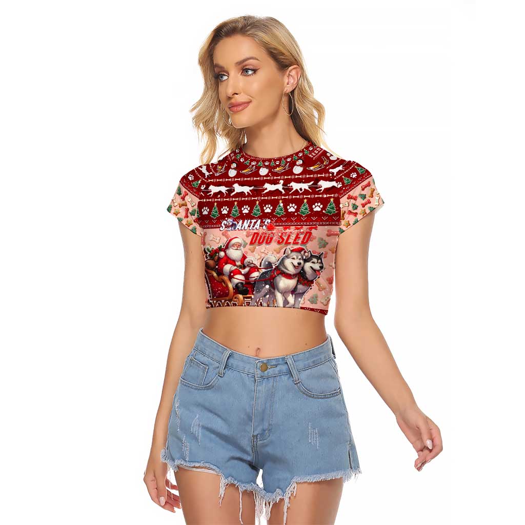 Dog Sled Christmas Raglan Cropped T Shirt Husky Sleigh Ride Design DT02 Female Red - Polynesian Pride