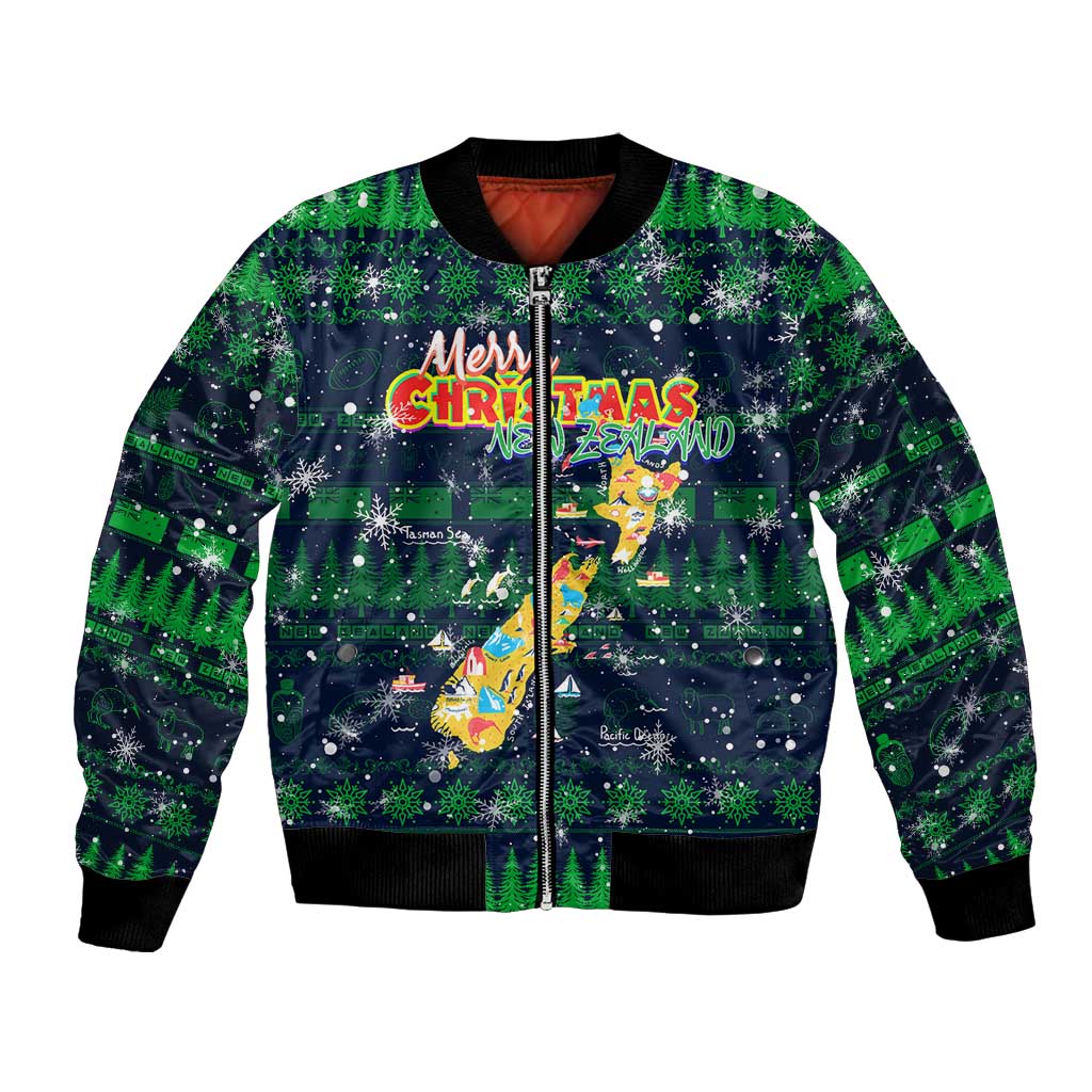 Merry Christmas New Zealand Bomber Jacket Xmas Travel Map DT02 Unisex Blue - Polynesian Pride