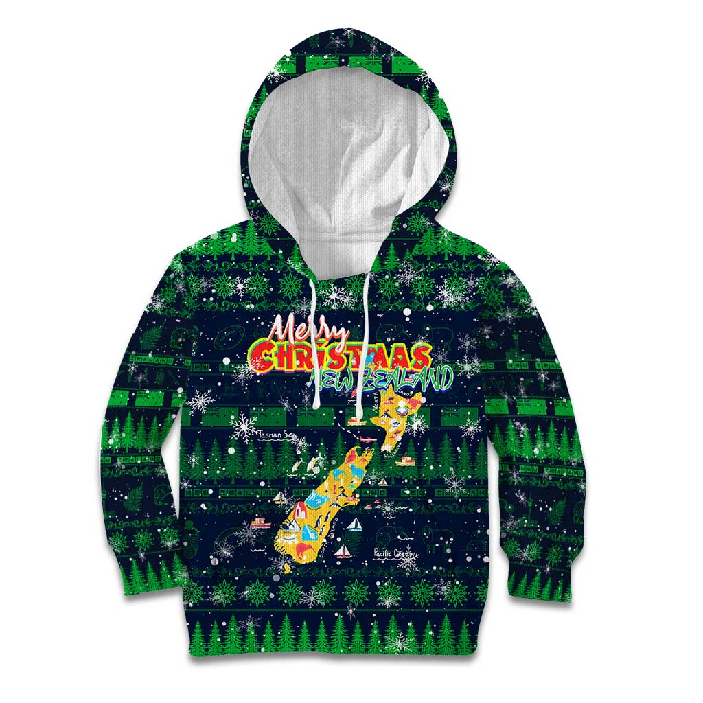 Merry Christmas New Zealand Kid Hoodie Xmas Travel Map DT02 Hoodie Blue - Polynesian Pride