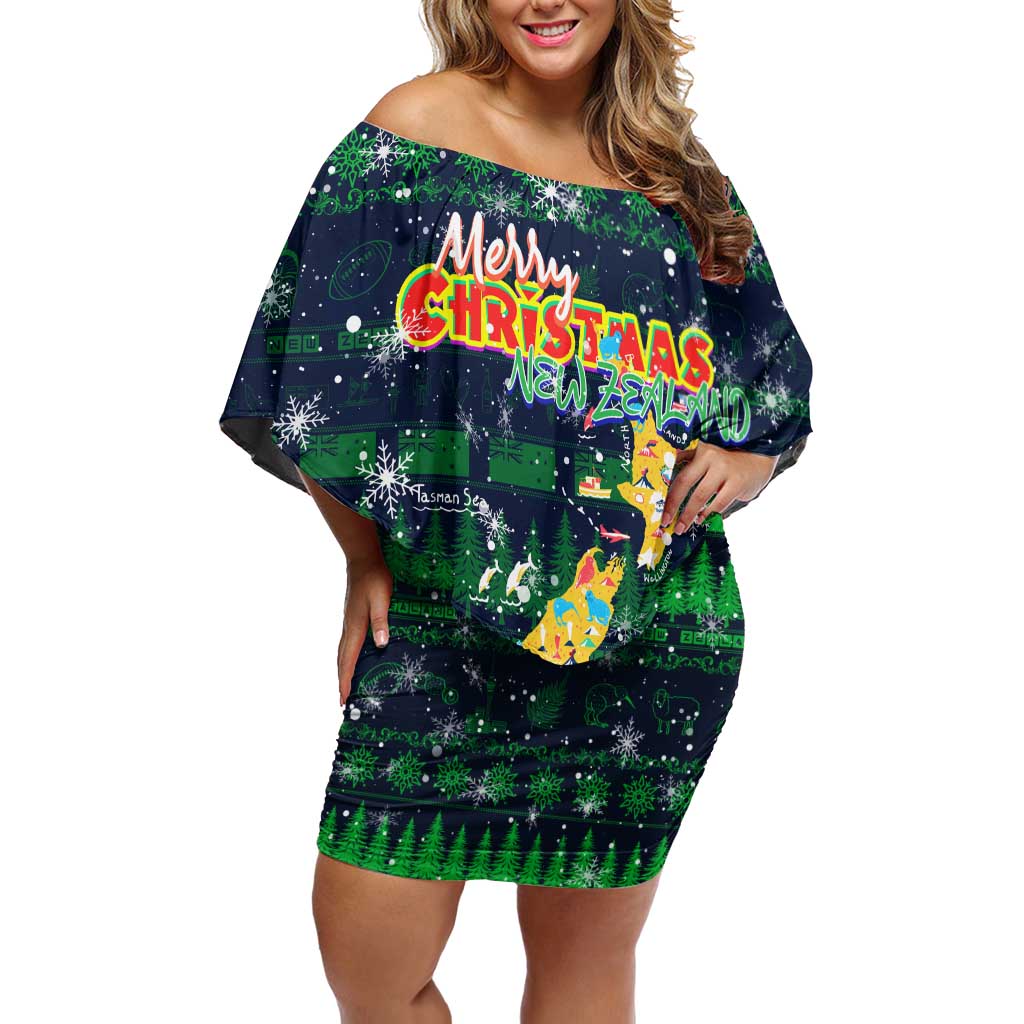 Merry Christmas New Zealand Off Shoulder Short Dress Xmas Travel Map DT02 Women Blue - Polynesian Pride