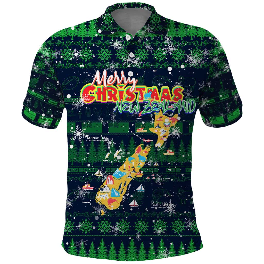 Merry Christmas New Zealand Polo Shirt Xmas Travel Map DT02 Blue - Polynesian Pride
