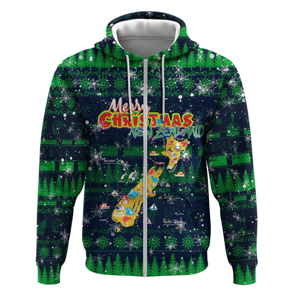 Merry Christmas New Zealand Zip Hoodie Xmas Travel Map DT02 Zip Hoodie Blue - Polynesian Pride