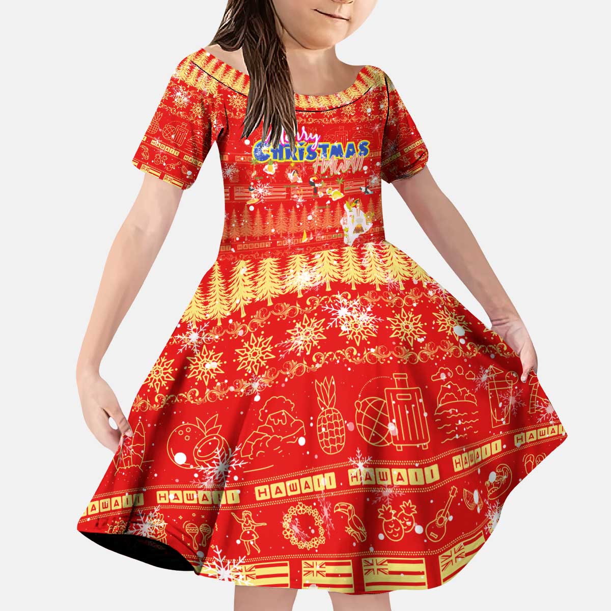 Merry Christmas Hawaii Kid Short Sleeve Dress Xmas Travel Map DT02 KID Red - Polynesian Pride