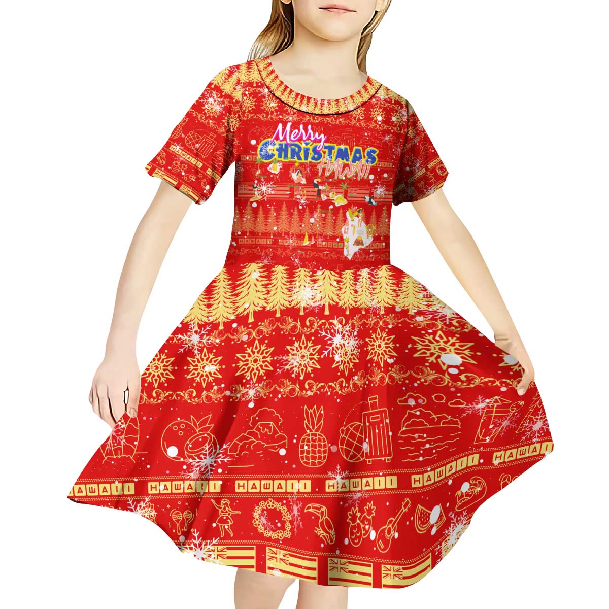 Merry Christmas Hawaii Kid Short Sleeve Dress Xmas Travel Map DT02 - Polynesian Pride
