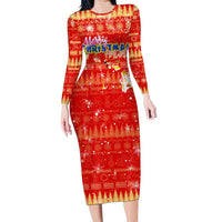 Merry Christmas Hawaii Long Sleeve Bodycon Dress Xmas Travel Map DT02 Long Dress Red - Polynesian Pride