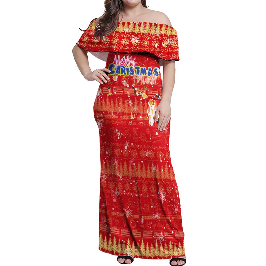 Merry Christmas Hawaii Off Shoulder Maxi Dress Xmas Travel Map DT02 Women Red - Polynesian Pride