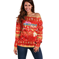 Merry Christmas Hawaii Off Shoulder Sweater Xmas Travel Map DT02 Women Red - Polynesian Pride