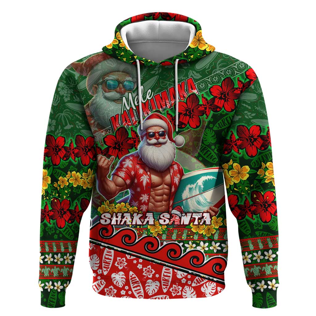 Mele Kalikimaka Shaka Santa Hoodie Hawaiian Surf Christmas Design with Aloha Spirit DT02 Pullover Hoodie Green - Polynesian Pride