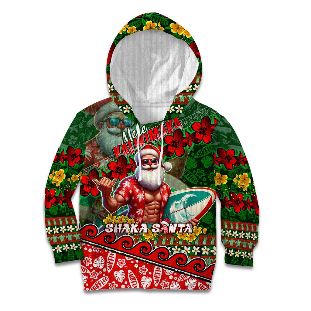 Mele Kalikimaka Shaka Santa Kid Hoodie Hawaiian Surf Christmas Design with Aloha Spirit DT02 Hoodie Green - Polynesian Pride
