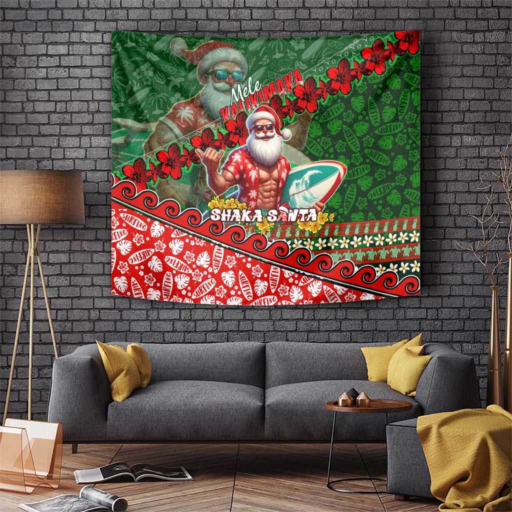 Mele Kalikimaka Shaka Santa Tapestry Hawaiian Surf Christmas Design with Aloha Spirit DT02 Green - Polynesian Pride
