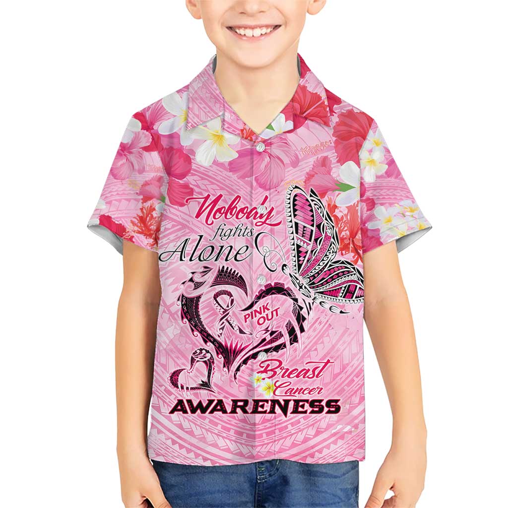 Butterfly Polynesia Breast Cancer Kid Hawaiian Shirt Nobody Fights Alone Pink Out Tropical Hibiscus DT02 Kid Pink - Polynesian Pride