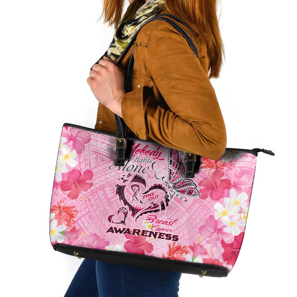 Butterfly Polynesia Breast Cancer Leather Tote Bag Nobody Fights Alone Pink Out Tropical Hibiscus DT02 Pink - Polynesian Pride