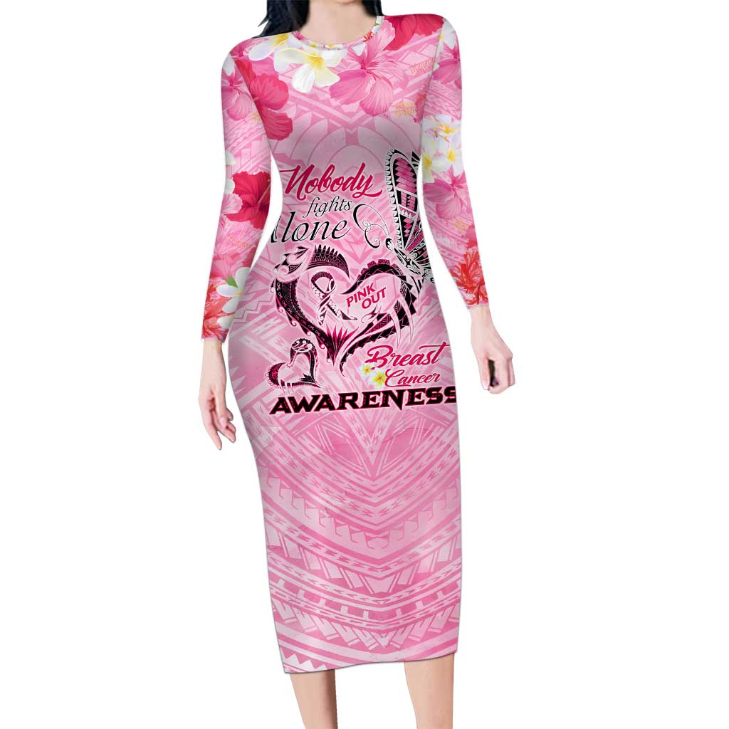 Butterfly Polynesia Breast Cancer Long Sleeve Bodycon Dress Nobody Fights Alone Pink Out Tropical Hibiscus DT02 Long Dress Pink - Polynesian Pride