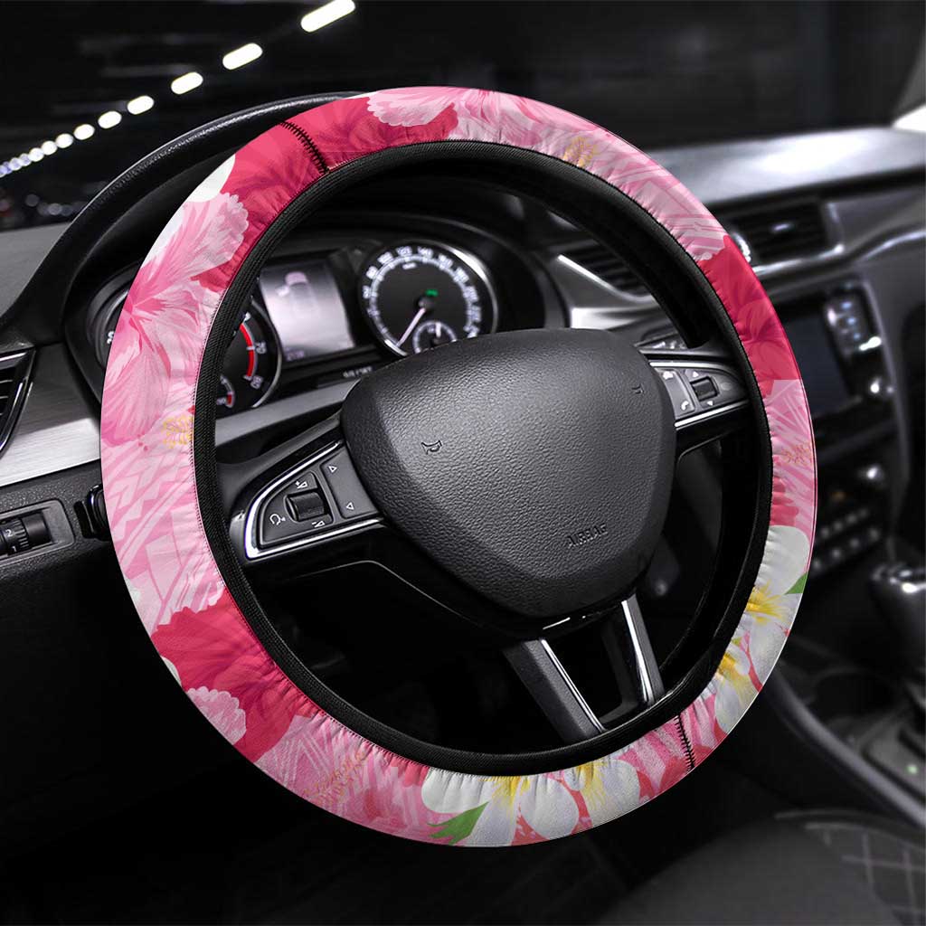 Butterfly Polynesia Breast Cancer Steering Wheel Cover Nobody Fights Alone Pink Out Tropical Hibiscus