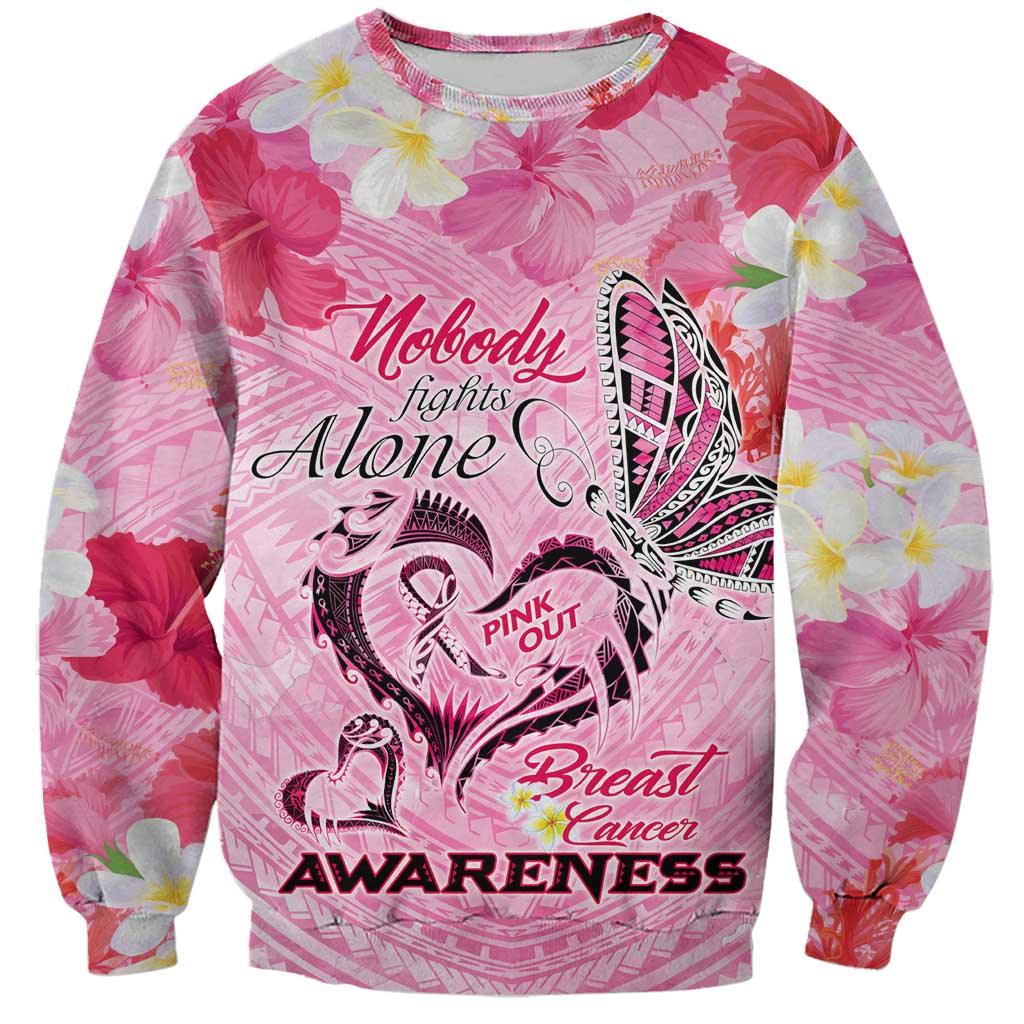 Butterfly Polynesia Breast Cancer Sweatshirt Nobody Fights Alone Pink Out Tropical Hibiscus DT02 Unisex Pink - Polynesian Pride