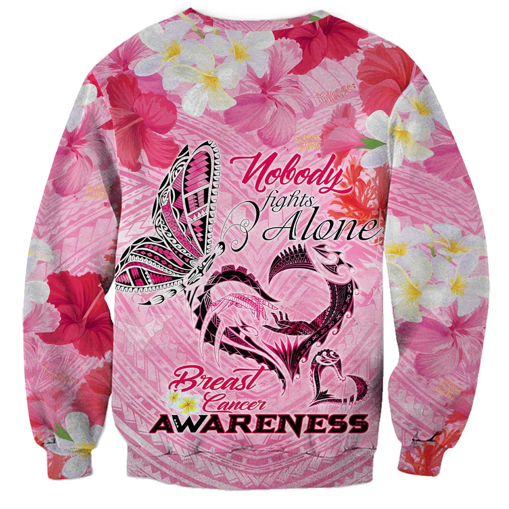 Butterfly Polynesia Breast Cancer Sweatshirt Nobody Fights Alone Pink Out Tropical Hibiscus DT02 - Polynesian Pride